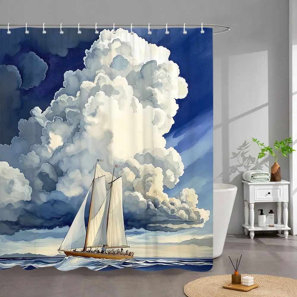

1pc Nautical Sailboat Ocean Shower Curtain - Realistic Seascape Art with Dramatic Cloudy Sky & Waves, Machine-Washable Polyester