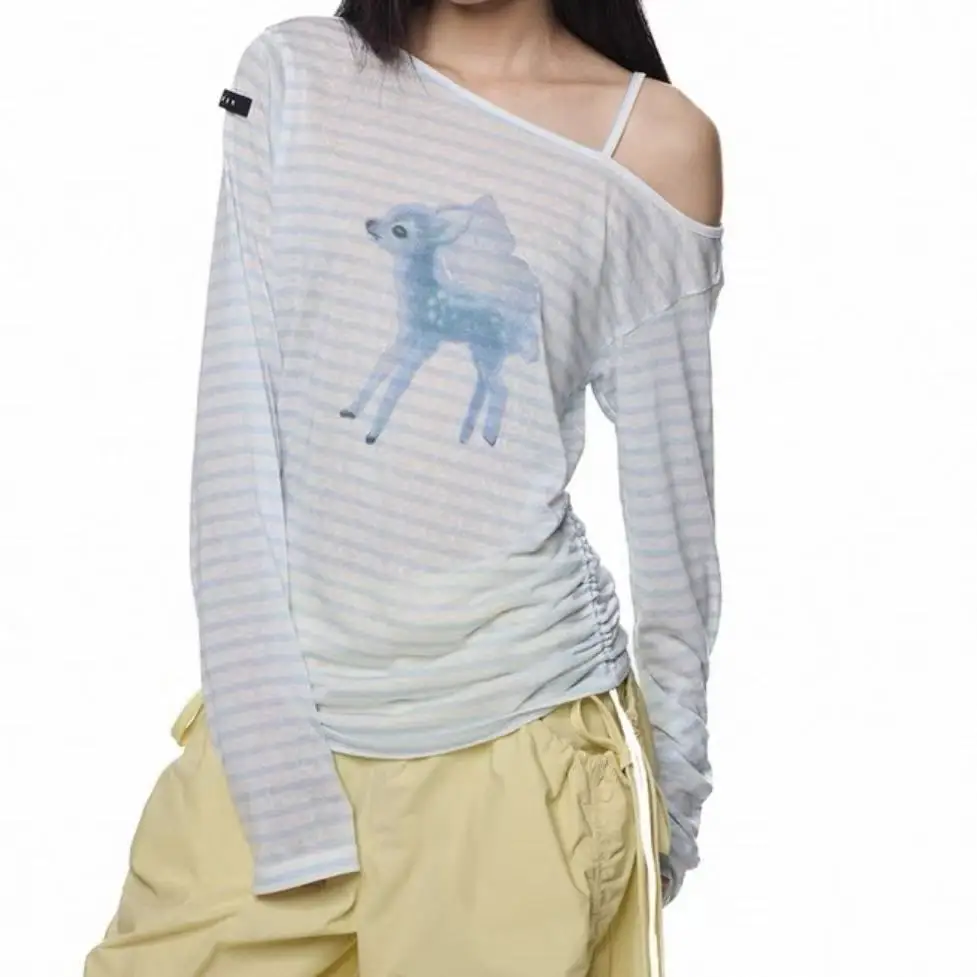 

Gagaok Sika Deer Printed T Shirts Slanted Shoulder Casual Micro Transparent Sunscreen Cover Shirt Autumn New Long Sleeve Top