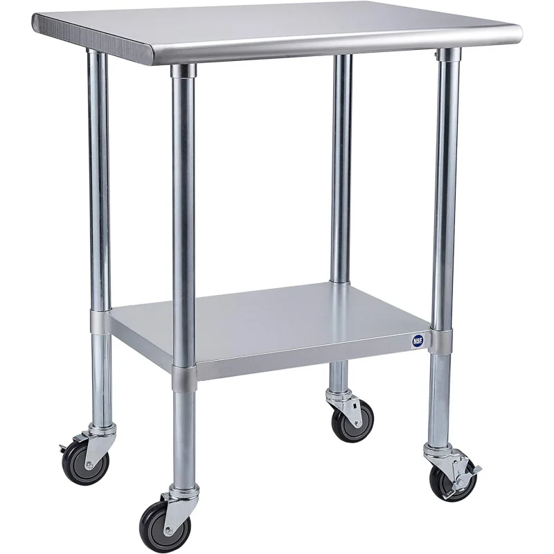 Stainless Steel Table for Prep & Work with Caster 30x24 Inches, NSF Metal Commercial Kitchen Table with Adjustable Under Shelf