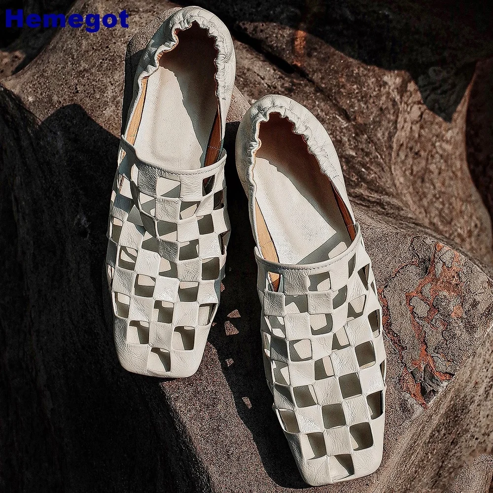 

Square Toe Hollow Genuine Leather Mules Summer Black/white Street Style Slip On Flat Shoes Retro Outdoor Leisure Roman Sandals