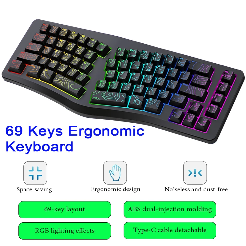 69-Key Wired Gaming Keyboard RGB Backlit Ergonomic Plug And Play Compact Wired Office Keyboard Type-C Computer Office Keyboard