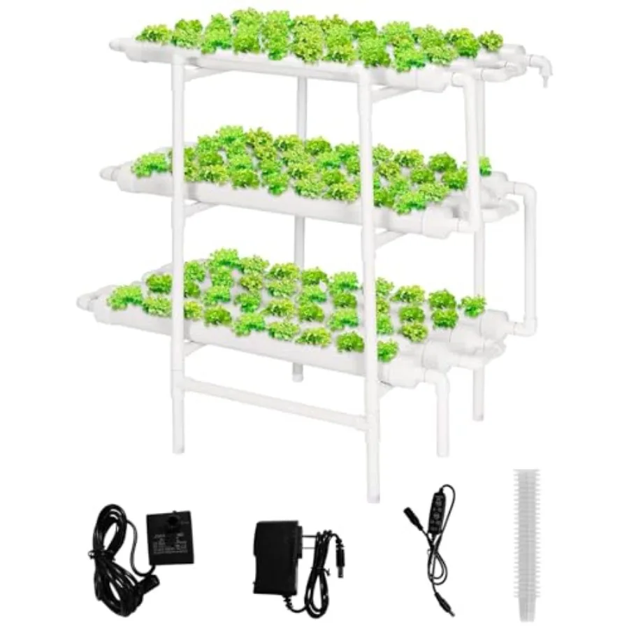 

Upgraded Hydroponics Growing System for 108 Plant Sites 3 Layers with 12 Food-Grade PVC-U Pipes Includes Water Pump Timer Net P