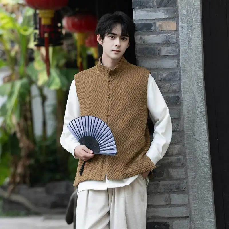 

Новый китайский ретро-жилет с геометрическим жаккардовым узором, на латунных пуговицах, с воротником-стойкой, без рукавов, в стиле Тан, жилет-куртка без рукавов ​ M-XXXXXL