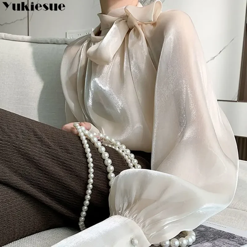 New Spring Summer Solid Long Sleeve Elegant Fashion Y2k Blouses Loose Korean Top BowCasual Chiffon Women Shirts Advanced Sense