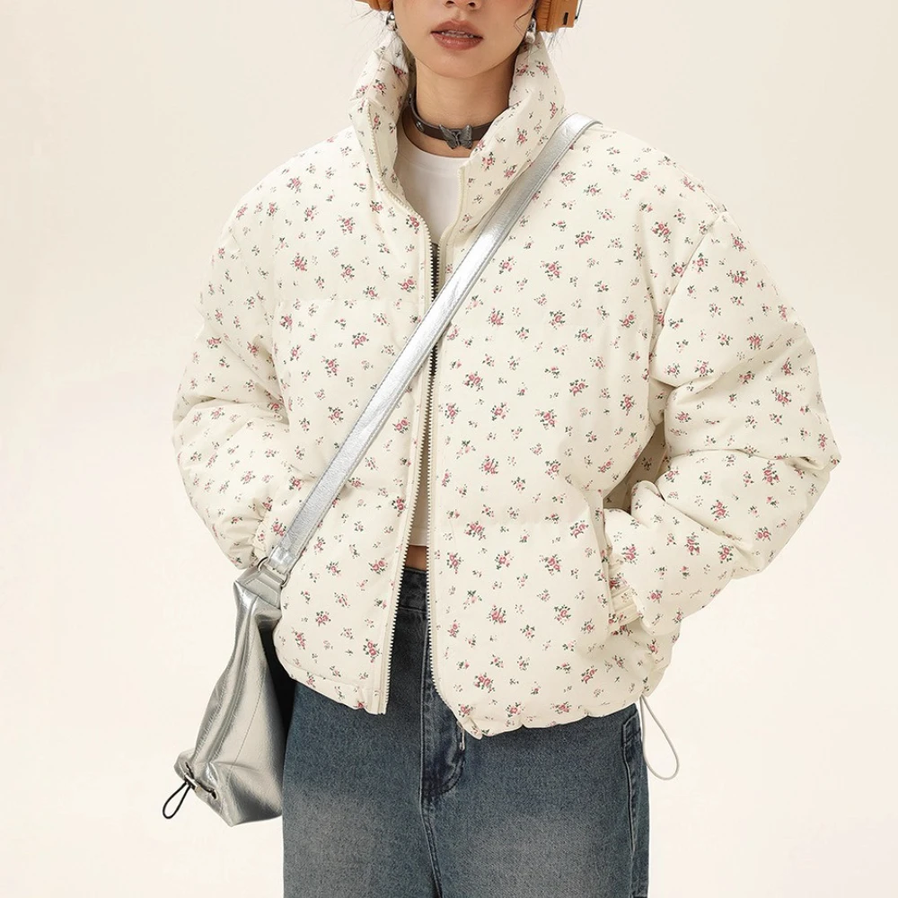 

Yaminiya маленькая короткая хлопковая куртка с воротником-стойкой и цветочным принтом для женщин, зимние толстые и теплые нишевые куртки, пальто, одежда