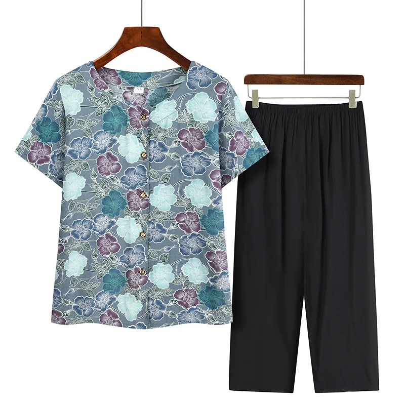 Pijama de verano para madre de mediana edad, conjunto de dos piezas holgado e informal, ropa Floral para el hogar para Mujer