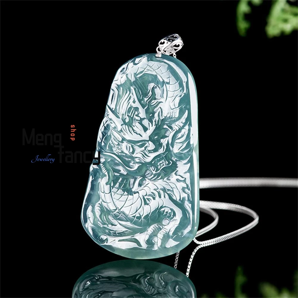 

High-grade Natural A-goods Jadeite Ice Blue Water Zodiac Dragon Sign Jade Pendant 18K Gold Buckle Inlaid Luxury Fashion Jewelry