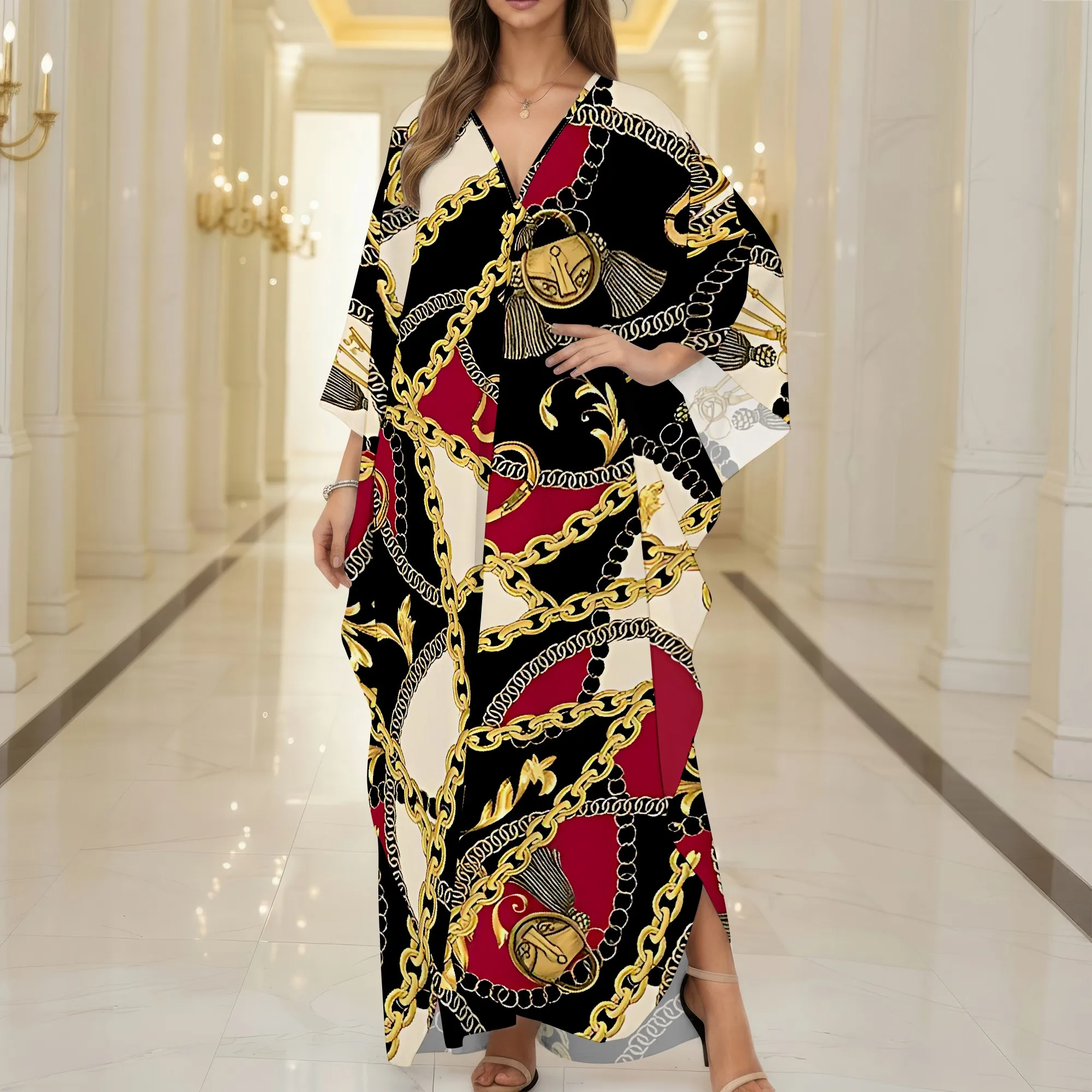 

Women's Summer And Autumn Fashion 3D Chain Print Style, V-neck Casual Home No Pocket Dress (One Size )