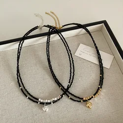 Black Crystal Metal Love Necklace Female Niche Design Retro Personality Simple Versatile Temperament Neck Chain Collarbone Chain