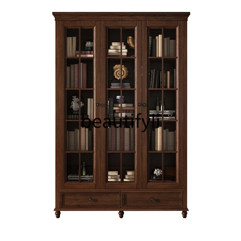 American all solid wood bookcase with glass door household floor bookshelf ash wood retro with top cabinet