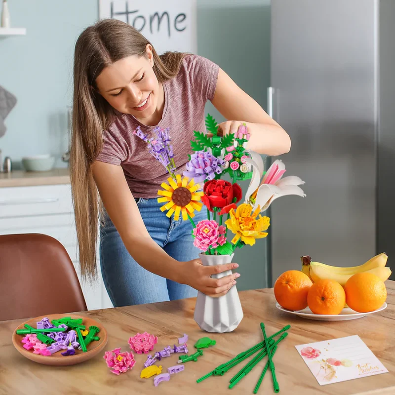 Buquê de flores com vaso, coleção botânica, blocos de construção brinquedo, flor casa planta decoração, mothe, 1853pcs