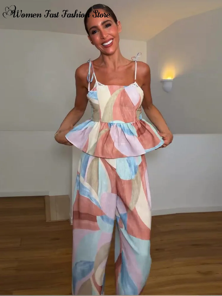 Fashion Gradient Print Vest Pants Set 2026 Summer New Lady Pleated Lace-up Tank Tops Loose Wide Leg Trousers Women's Chic Outfit