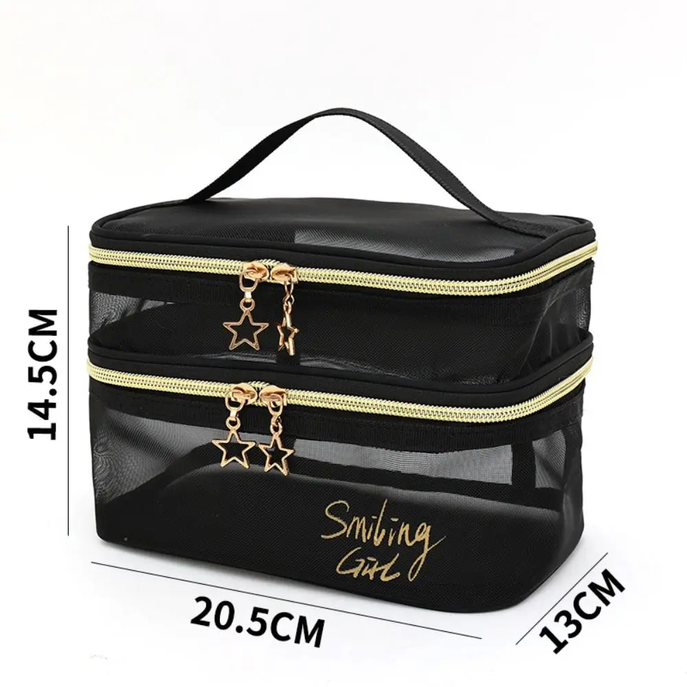 New Nylon Makeup Bag Double-layers Large Capacity Travel Cosmetic Bag Black Grey Nude Mesh Makeup Case Women