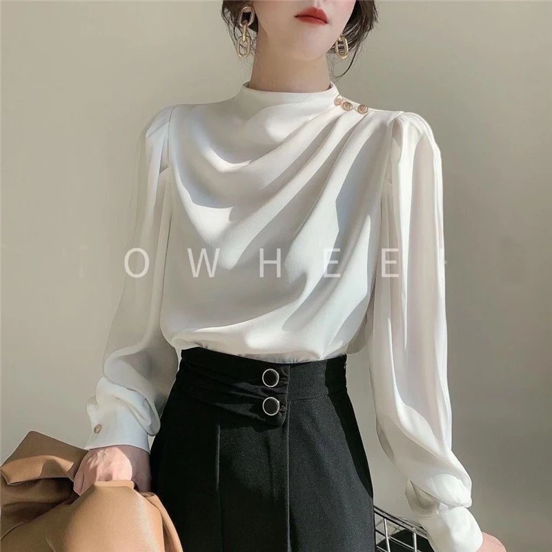 Satin Retro Elegant Chic Luxury Design Office Lady Business Casual Shirt Fashion Ruffle Solid Long Sleeve Tops Blouses For Women