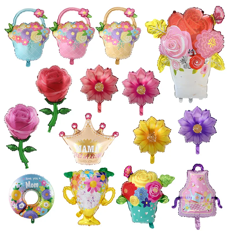 New Large Rose Flower Trophy Flower Basket Apron Aluminum Balloon Mother Mother's Day Party Decoration