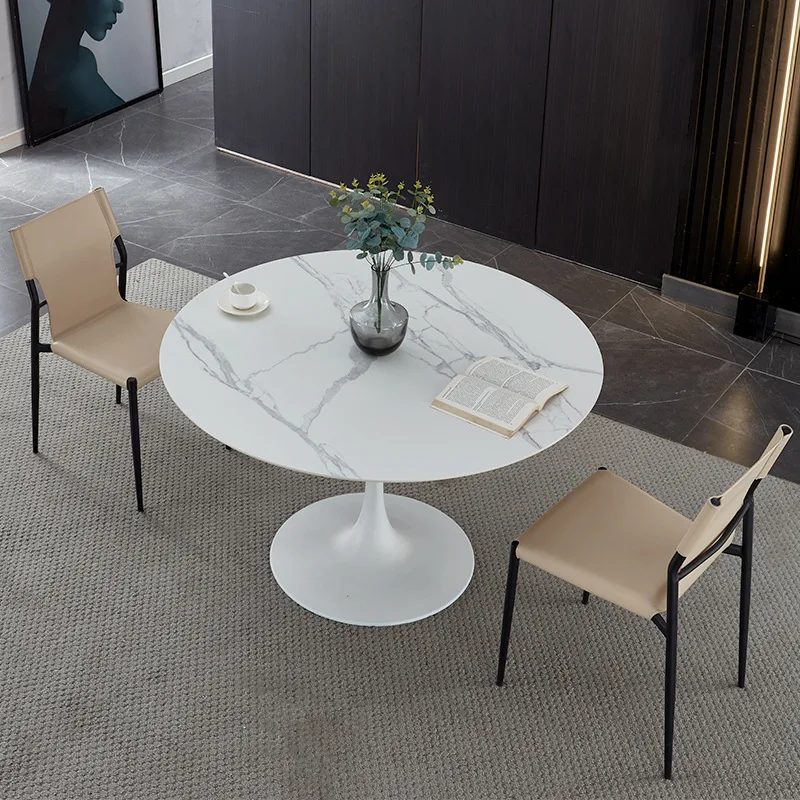 Pure black rock slab round table tulip household round dining table simple white dining room table and chair combination