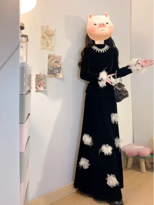 

Elegant plus Size Velvet Set for Women Black Top Belly Cover Slimming Half-length Skirt Two-piece Suite Commute Style Winter ...