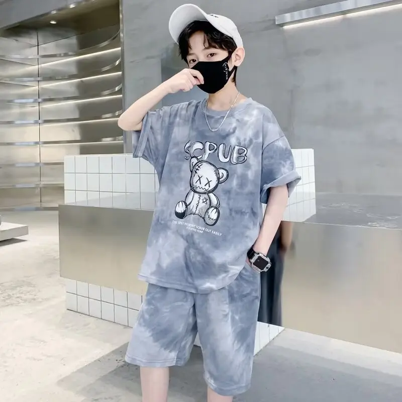 Summer Teenage Boy Cartoon Bear Clothes Set Children Girls Tie Dye Tshirts and Shorts 2pcs Suit Kid Top Bottom Outfits Tracksuit