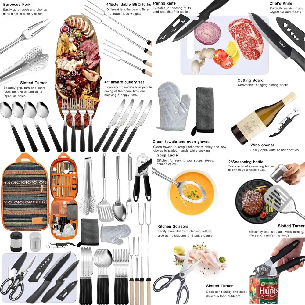 

Portable Camp Kitchen Kit: Essential Stainless Steel & Silicone Utensils for Outdoor Cooking and Grilling - Perfect Gift for RV