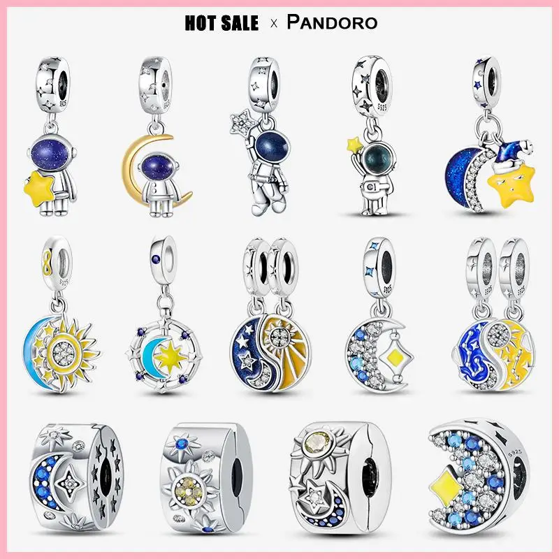 

Fit Pandora Original Charm 925 Silver Beaded Astronaut Pendant Stars and Moon Beads Diy Prata Women's Jewelry