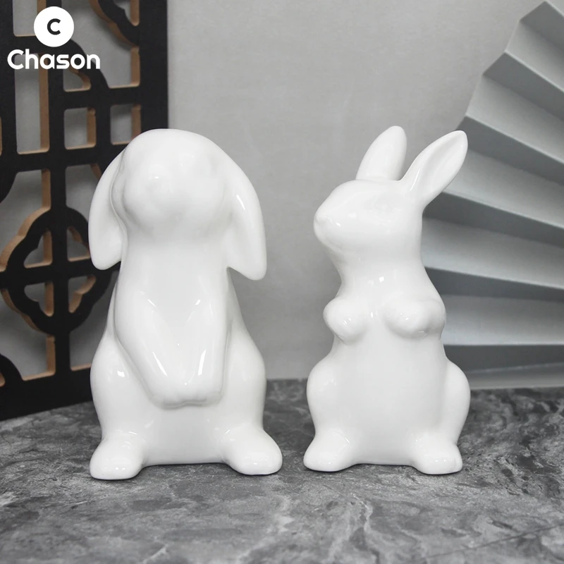 Cute Ceramics Rabbit Figurines Kawaii Hare Bunny Garden House Animal Ornaments Easter Home Room Decoration Hand Painting Embryo