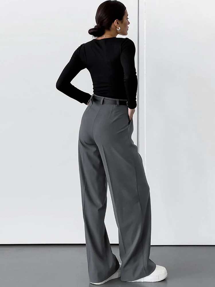 Elegant Office Pants Women High Wasit Straight Wide Leg Long Pants 2024 Autumn Winter Korean Style Loose Grey Suit Trousers