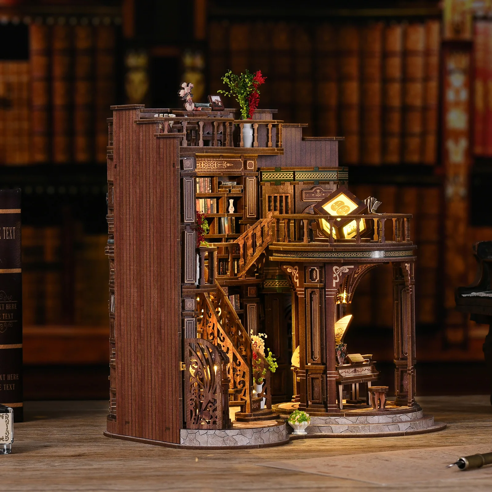 Cool Vintage Library Miniature Book Nook DIY Wooden Puzzle Bookshelf Insert Handmade Dollhouse Display Decor Gift - view 2