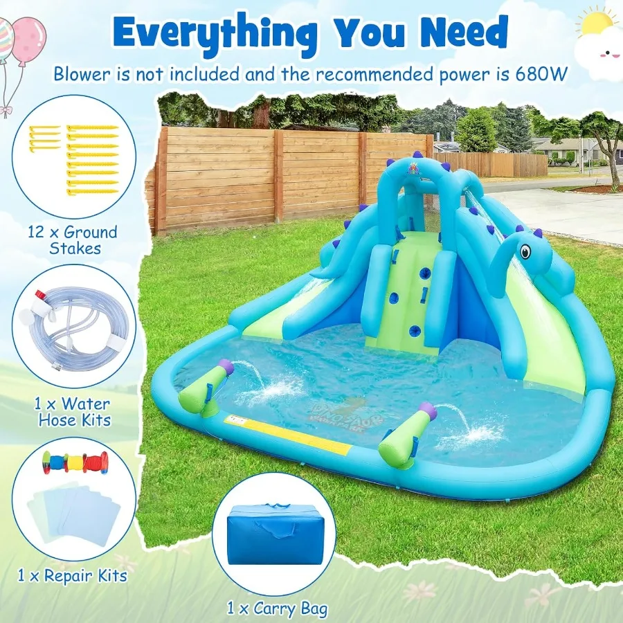 Scivolo gonfiabile per acqua, parco per casa con rimbalzo d'acqua di dinosauro per bambini e adulti all'aperto, scivoli doppi e piscina antispruzzo, combinato asciutto e bagnato B