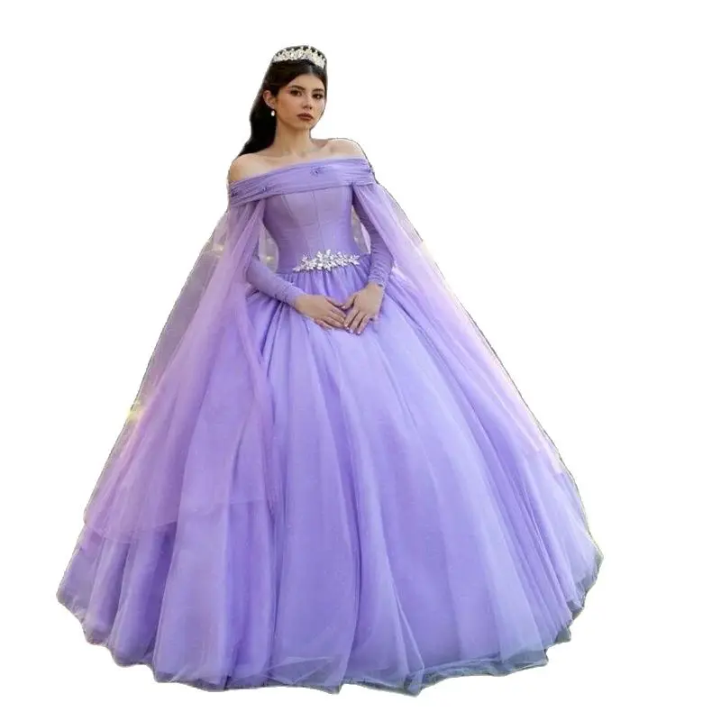 Fairy Lilac Quinceanera Dresses 2024 Off Shoulders Elegant Beaded Long Sleeve Sixteen Birthday Dress Prom Vestidos 15 Xv Años