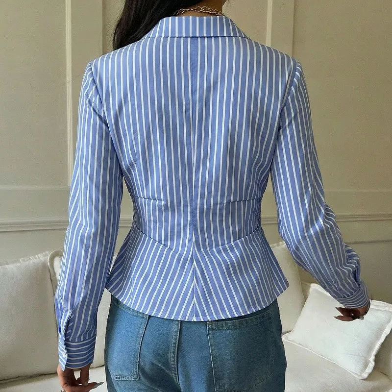 

Women's Striped Wrap Front Blouse Asymmetrical Hem Button down Shirt Blue Peplum Waist Long Sleeve Cuffed Blouse