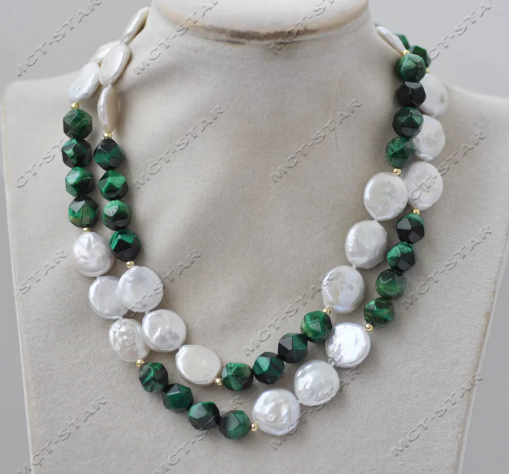 

32INCH 15mm White Coin Freshwater Pearl Green Faceted Tiger's-Eye Necklace Z13233