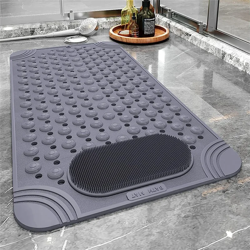 Bathtub Mat Non-Slip Rubber Shower Mat with Drain Holes Suction Cups, Quick Drain, Feet Massage, Bath Mat Grey