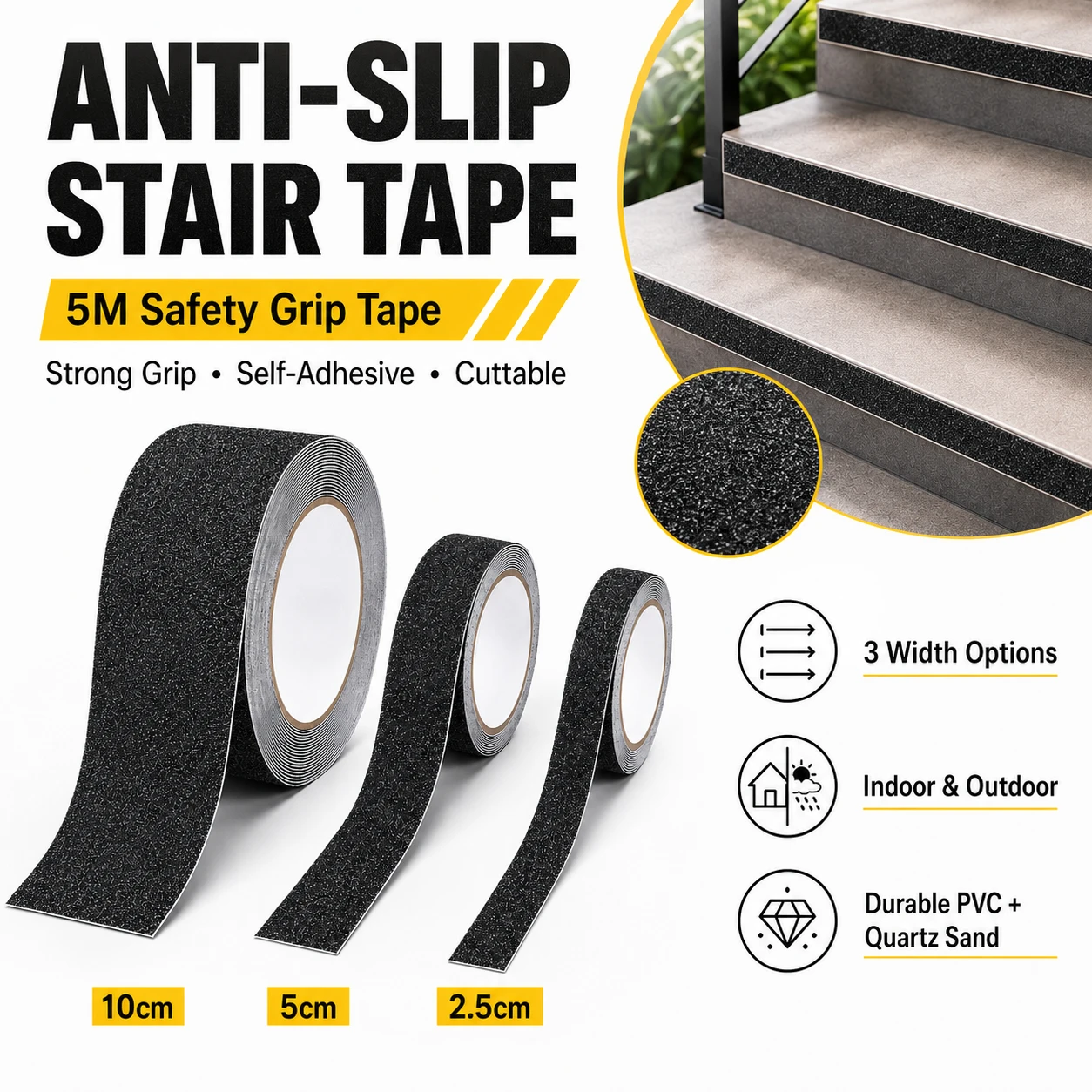 1Roll 5M Anti Slip Tape Waterproof, 2.5/5/10cm Width Non Skid Grip Tape for Stairs Floor, Safety Non Slip for Elderly Indoor Out