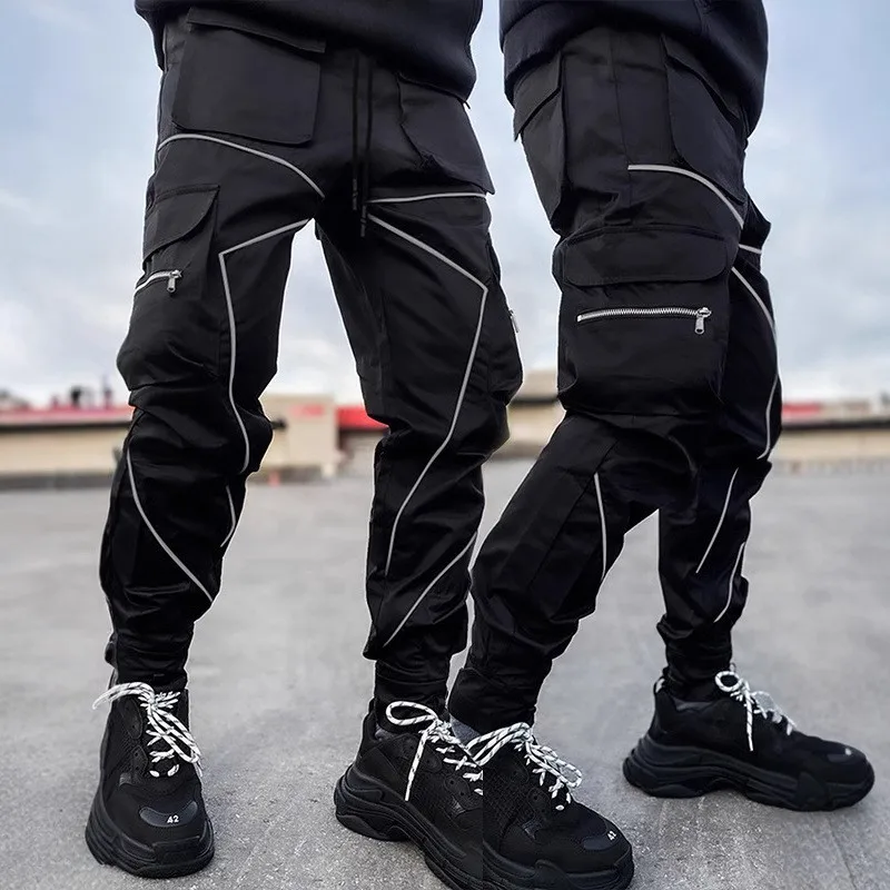 カスタムロゴ入りメンズ春秋カジュアルパンツ、ユースオーバーオール、多ポケット、スリムフィット、ベルクロ付きトラウザーズ