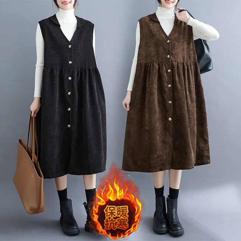 

Autumn And Winter 2022 New Vintage Corduroy Vest Dress Women's Medium Long V-Neck Sleeveless Dress Female Tank Tops T1657