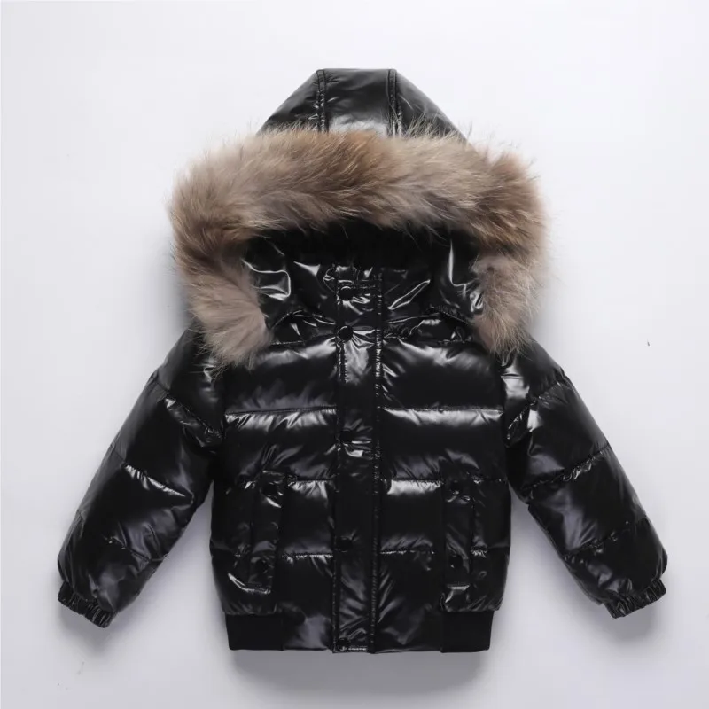 

2024 Winter Kids Boys Down Jackets Patched Real Fur Hoodie Shiny Thick Parka Warm Waterproof Stretch Children Boys Outerwear