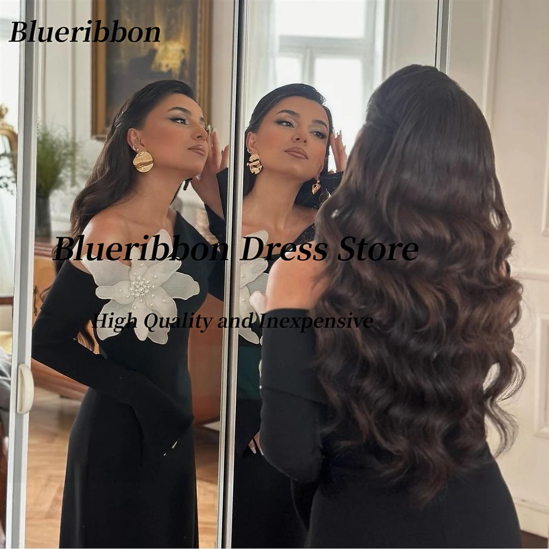 Blueribbon Boat Neck Black Prom Dresses with Big Flower Long Sleeves Evening Gowns Zipper Back Celebrity Holiday Party Dress