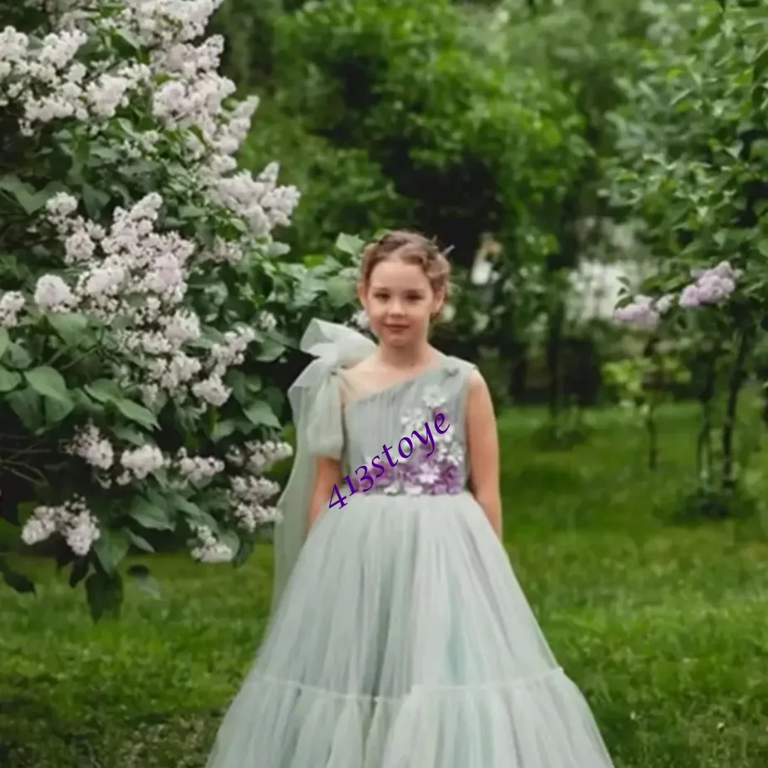 فساتين فتاة الزهور باللون الأخضر الفاتح مخصصة لحفلات الزفاف مزينة بالزهور من التول الأنيق للأطفال وحفلات أعياد الميلاد الأولى #2