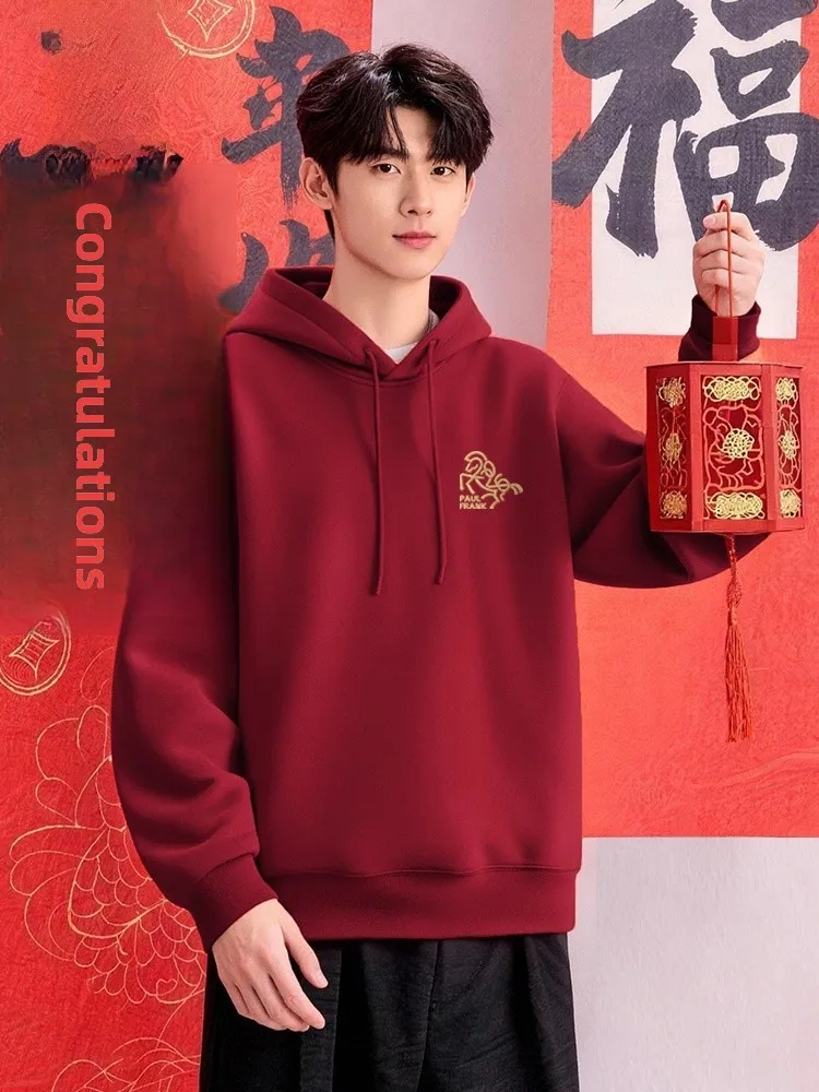 

Мужская теплая толстовка с капюшоном на флисовой подкладке, 2026 год, красная, для пар, повседневная, из смесового хлопка и полиэстера, с длинным рукавом