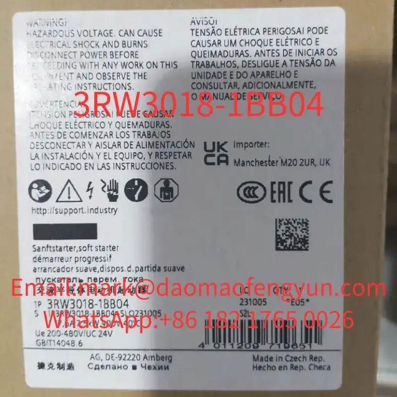 3RW3018-1BB04  Brand New SIRIUS soft starter S00 17.6 A, 7.5 kW/400 V, 40 °C 200-480 V AC, 24 V AC/DC Screw terminals