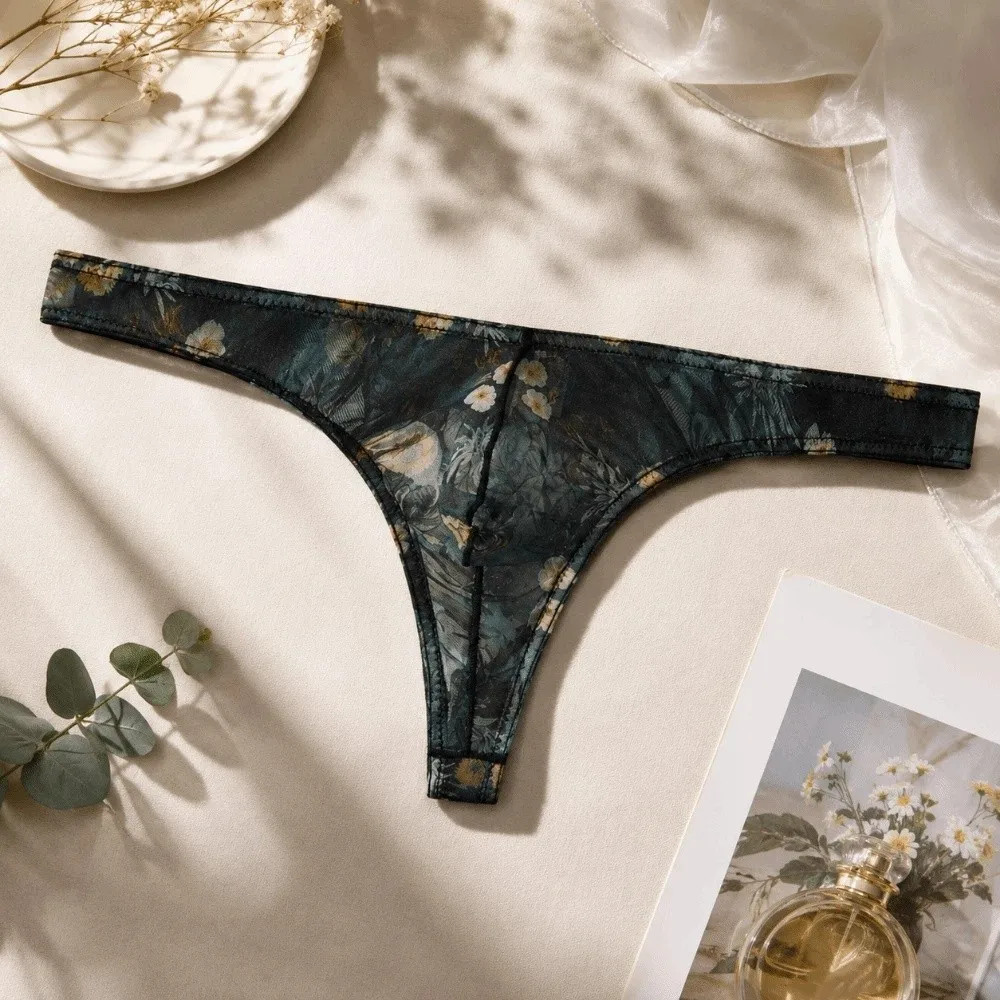 Underpants Mesh Men Thong Low Waist Transparent Printed Panties Lingerie Ice Silk T-back Briefs Comfy Wear
