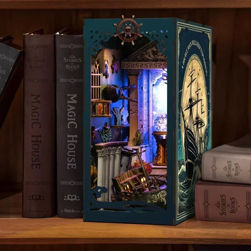 Riddle On The Seabed Bookshelf Home Decoration, Retro DIY Wooden Book Nook Shelf Insert Miniature Kits For Adult Handmade Gifts