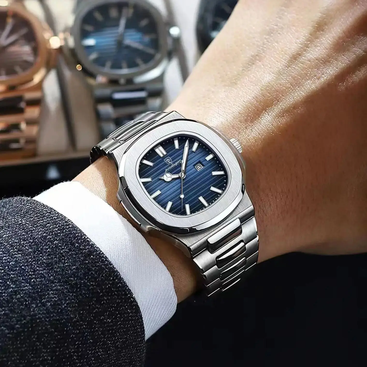 POEDAGAR Casual Couple Watch Waterproof Luminous Date Stainless Steel Love Wristwatch Square Quartz Watches for Boyfriend Reloj view 5