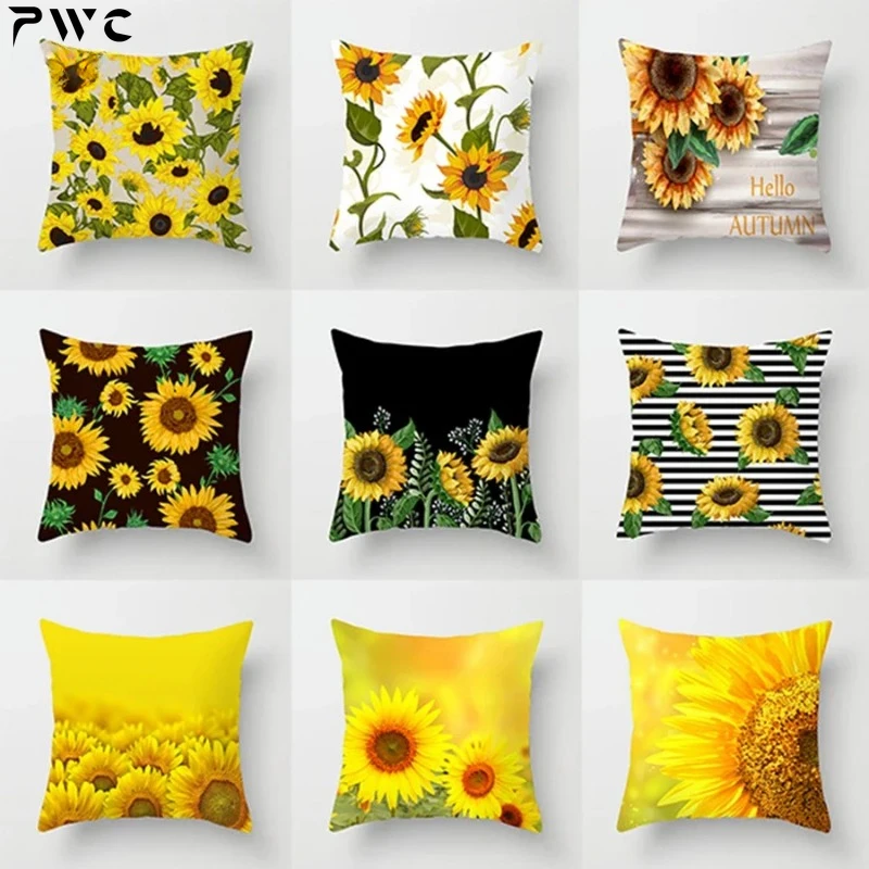 Single Side Printed Polyester Sunflowers Decorative Pillows Case Home Sofa Car Chair Home Decor Yellow Back White Cushion Cover