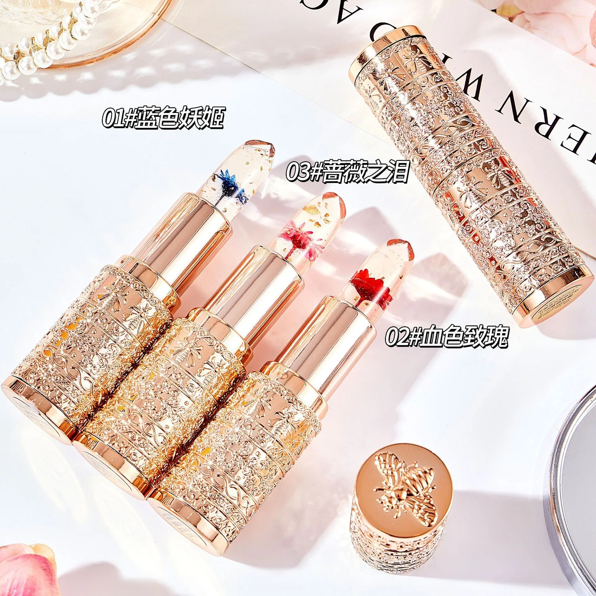 أحمر شفاه مرطب على شكل زهرة جيلي، ملمع شفاه متغير اللون بدرجة حرارة واضحة مع زهرة داخل بلسم شفاه مقاوم للماء يدوم طويلاً