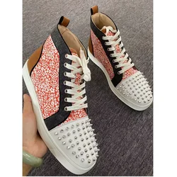 High Top Floral Print Canvas Shoes Rivet Sneakers Men Fashion Lace-up Casual Sneaker Breathable Outdoor Mens Shoes