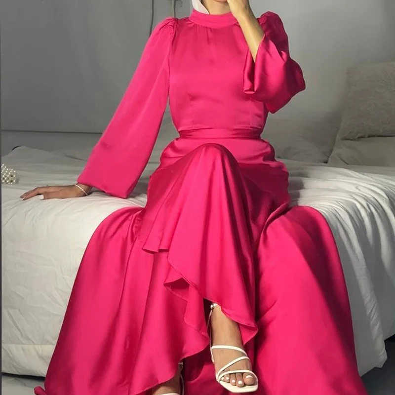 Muslim Satin O-neck High Wiast Evening Dress Elegant Lantern Sleeve Solid Color A-line Dress Temperament Ruffles Irregular Dress