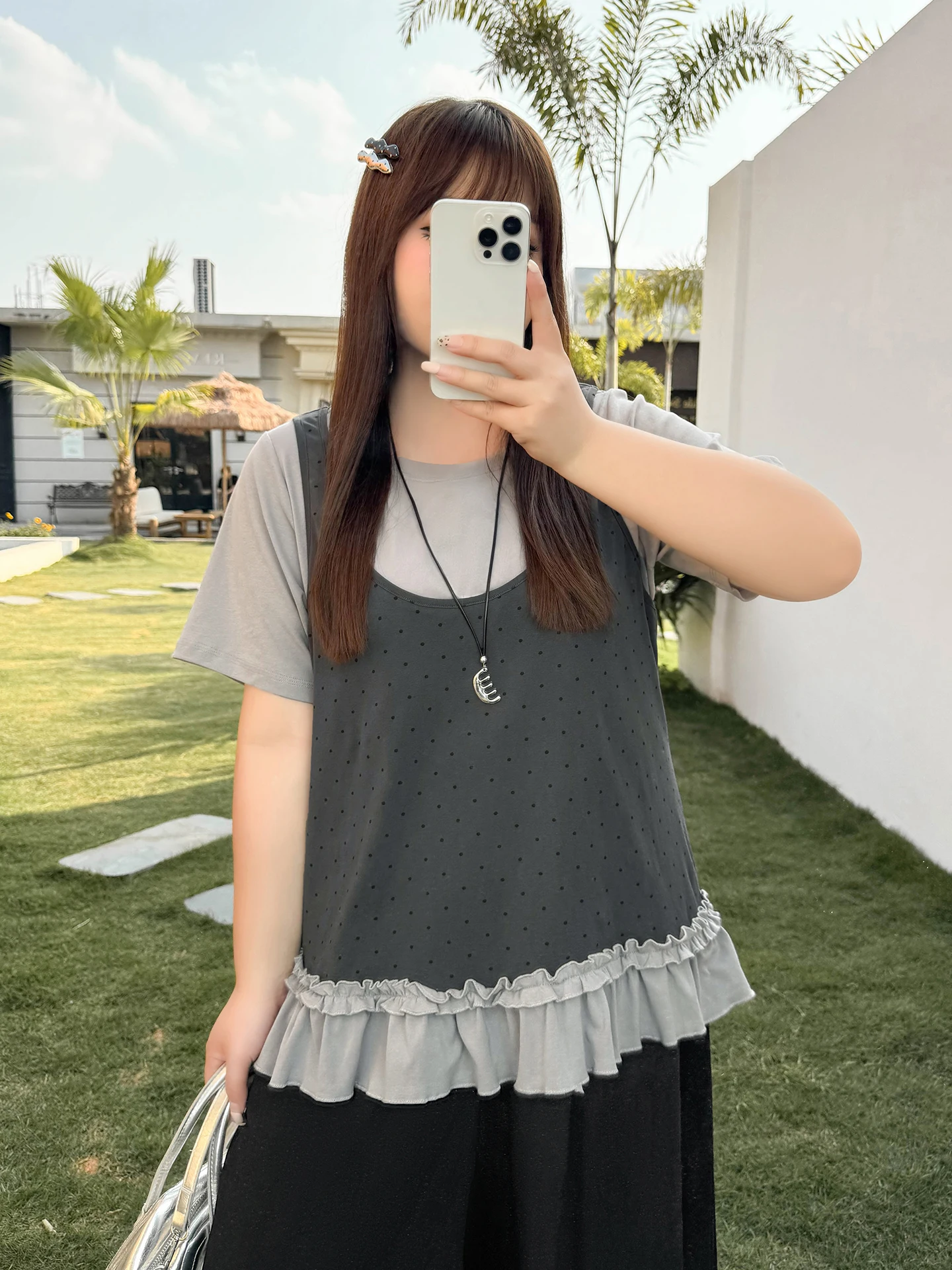 

Женская футболка больших размеров в парижском уличном стиле, летняя, с эффектом двухслойности, с кружевными вставками, короткий рукав, дышащий топ из смесового хлопка