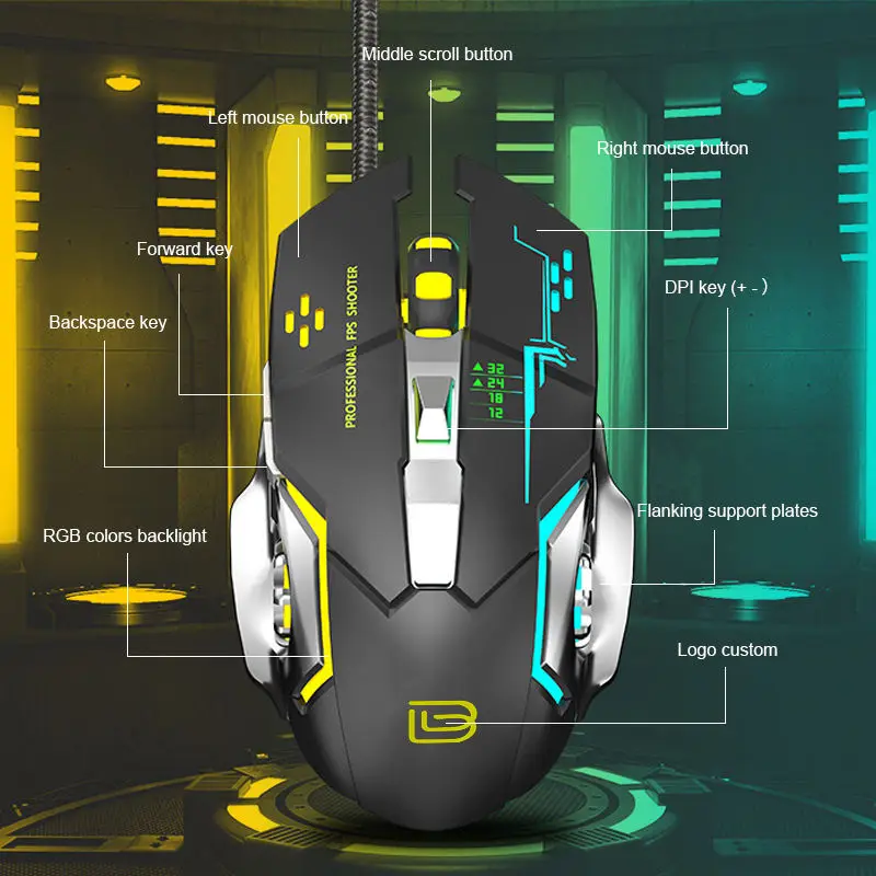 Mouse com fio ergonômico, 6 botões programáveis e 7 cores, retroiluminação rgb, 4 níveis dpi, abs, para laptop e pc