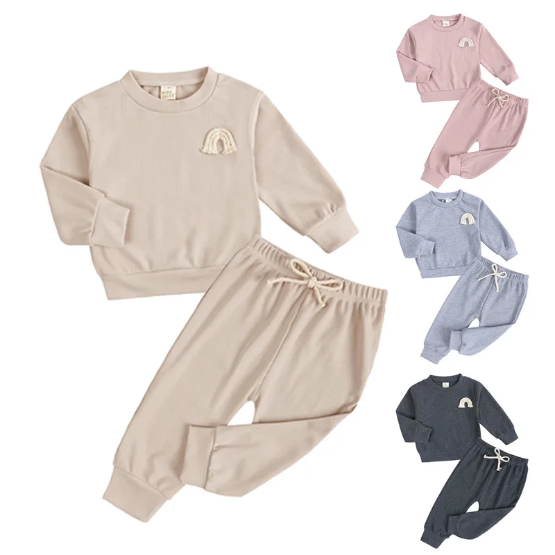 

2025 Autumn and Winter Round neck long-sleeved long-sleeved Long Pants baby pit Strip Set Children's two-piece set